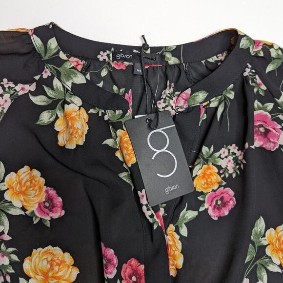 Gibson Floral Black Blouse Fleur Bloom Blouson Sleeve Button Top Casual New XS - Picture 3 of 3